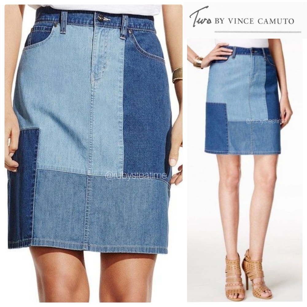 TWO BY VINCE CAMUTO Patchwork Colorblock Pencil Denim Skirt, NWT